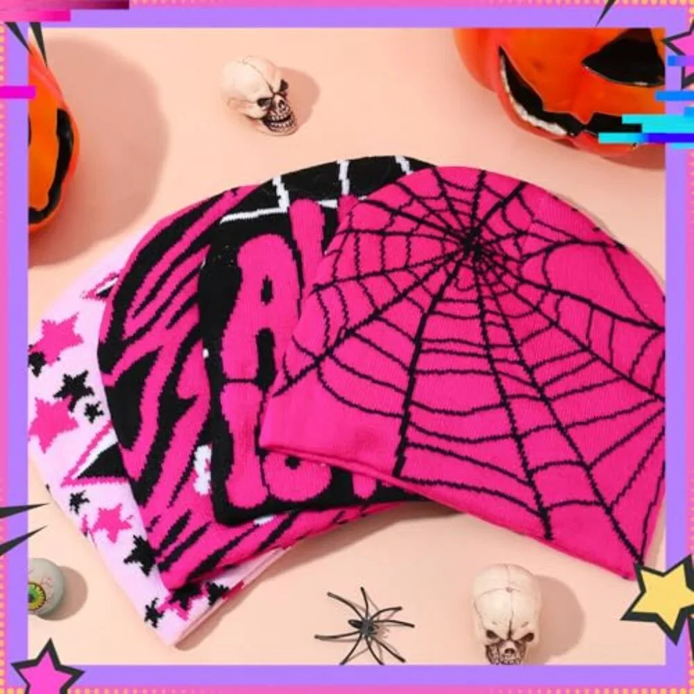 Y2K Spider Web Beanie Set Acrylic Knit Unisex Streetwear Casual Hats_7